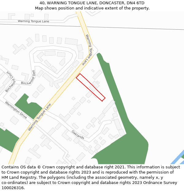 40, WARNING TONGUE LANE, DONCASTER, DN4 6TD: Location map and indicative extent of plot