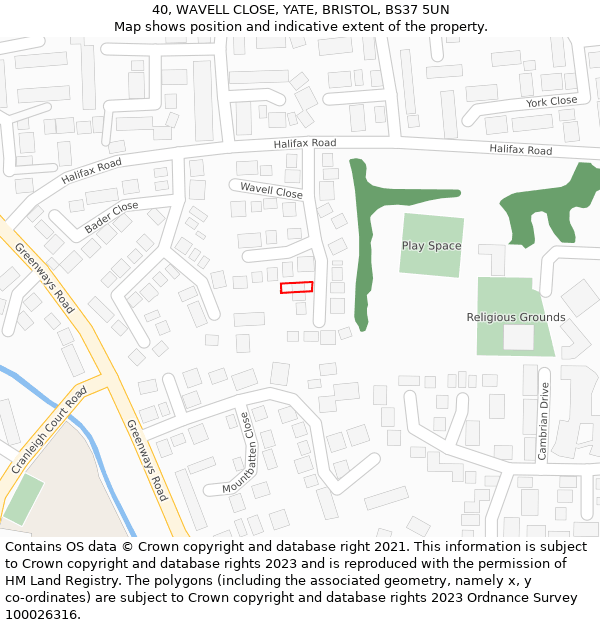 40, WAVELL CLOSE, YATE, BRISTOL, BS37 5UN: Location map and indicative extent of plot