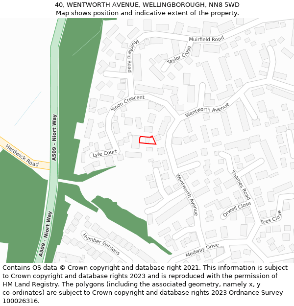40, WENTWORTH AVENUE, WELLINGBOROUGH, NN8 5WD: Location map and indicative extent of plot