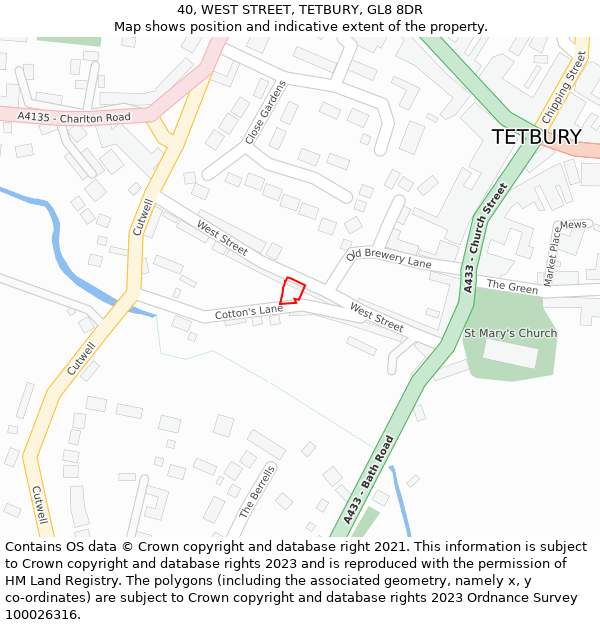 40, WEST STREET, TETBURY, GL8 8DR: Location map and indicative extent of plot