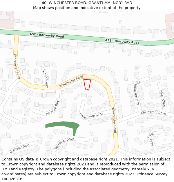 40, WINCHESTER ROAD, GRANTHAM, NG31 8AD: Location map and indicative extent of plot