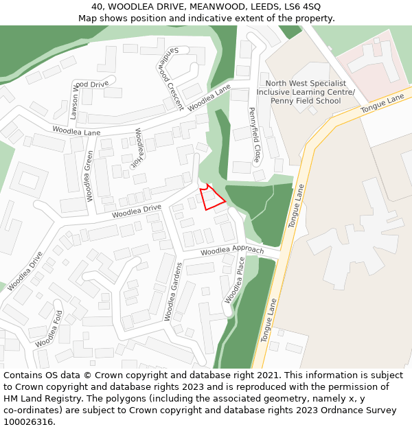 40, WOODLEA DRIVE, MEANWOOD, LEEDS, LS6 4SQ: Location map and indicative extent of plot