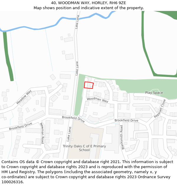 40, WOODMAN WAY, HORLEY, RH6 9ZE: Location map and indicative extent of plot