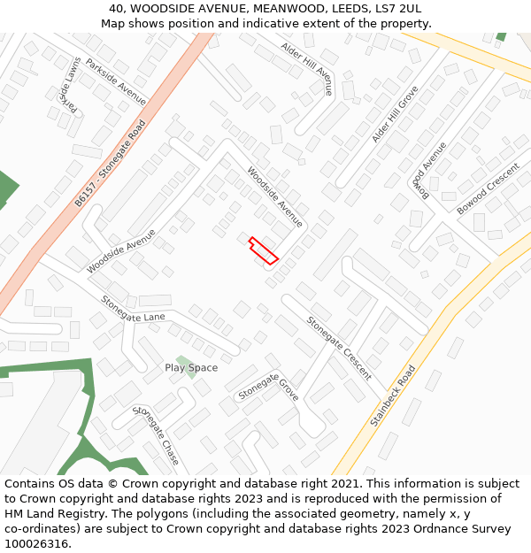 40, WOODSIDE AVENUE, MEANWOOD, LEEDS, LS7 2UL: Location map and indicative extent of plot
