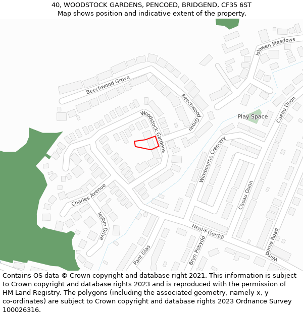 40, WOODSTOCK GARDENS, PENCOED, BRIDGEND, CF35 6ST: Location map and indicative extent of plot