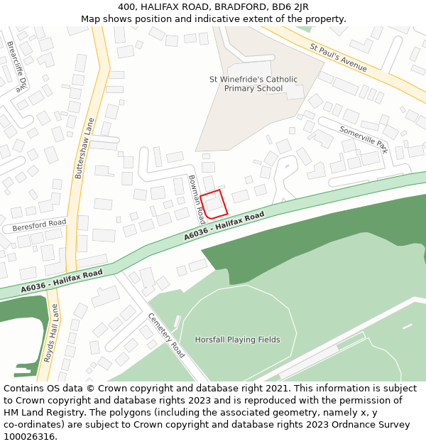 400, HALIFAX ROAD, BRADFORD, BD6 2JR: Location map and indicative extent of plot