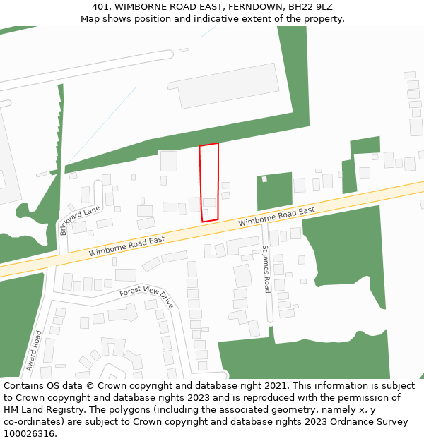 401, WIMBORNE ROAD EAST, FERNDOWN, BH22 9LZ: Location map and indicative extent of plot