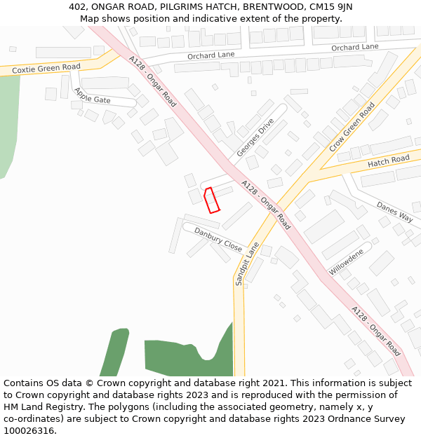402, ONGAR ROAD, PILGRIMS HATCH, BRENTWOOD, CM15 9JN: Location map and indicative extent of plot