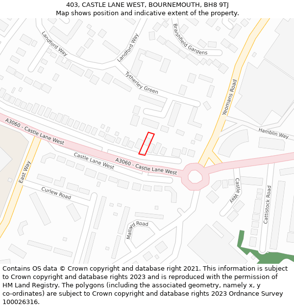 403, CASTLE LANE WEST, BOURNEMOUTH, BH8 9TJ: Location map and indicative extent of plot