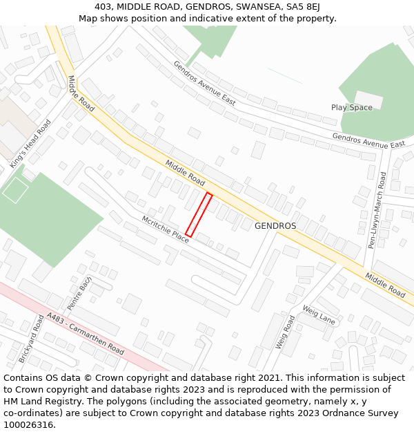 403, MIDDLE ROAD, GENDROS, SWANSEA, SA5 8EJ: Location map and indicative extent of plot