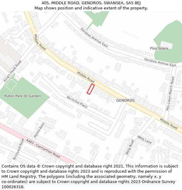 405, MIDDLE ROAD, GENDROS, SWANSEA, SA5 8EJ: Location map and indicative extent of plot