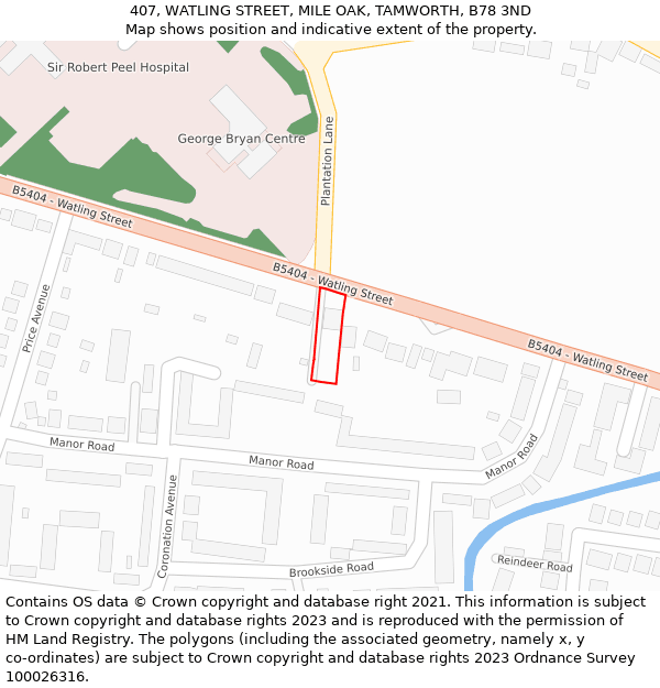 407, WATLING STREET, MILE OAK, TAMWORTH, B78 3ND: Location map and indicative extent of plot