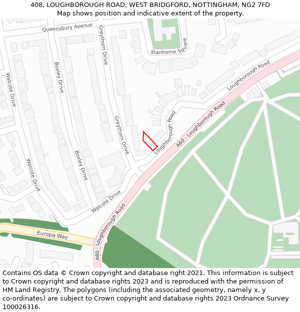 408, LOUGHBOROUGH ROAD, WEST BRIDGFORD, NOTTINGHAM, NG2 7FD: Location map and indicative extent of plot