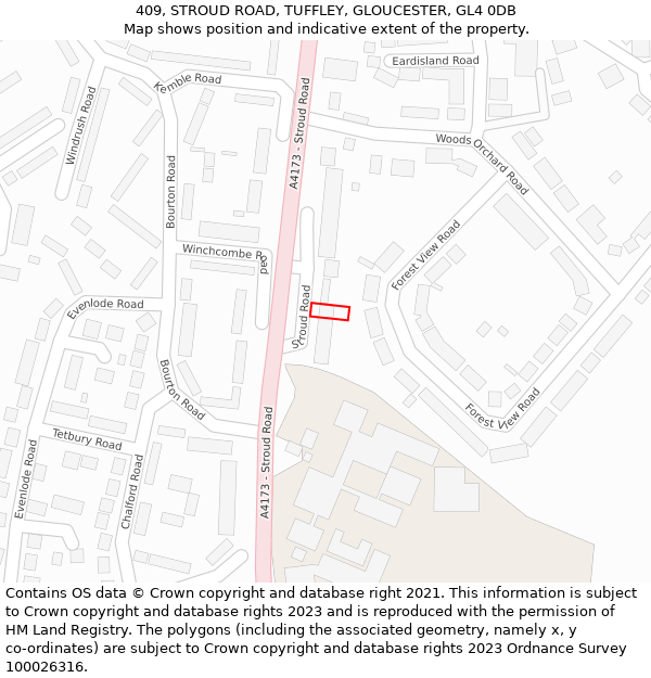 409, STROUD ROAD, TUFFLEY, GLOUCESTER, GL4 0DB: Location map and indicative extent of plot