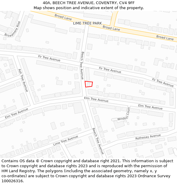 40A, BEECH TREE AVENUE, COVENTRY, CV4 9FF: Location map and indicative extent of plot