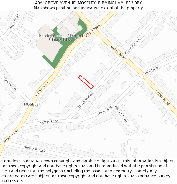 40A, GROVE AVENUE, MOSELEY, BIRMINGHAM, B13 9RY: Location map and indicative extent of plot