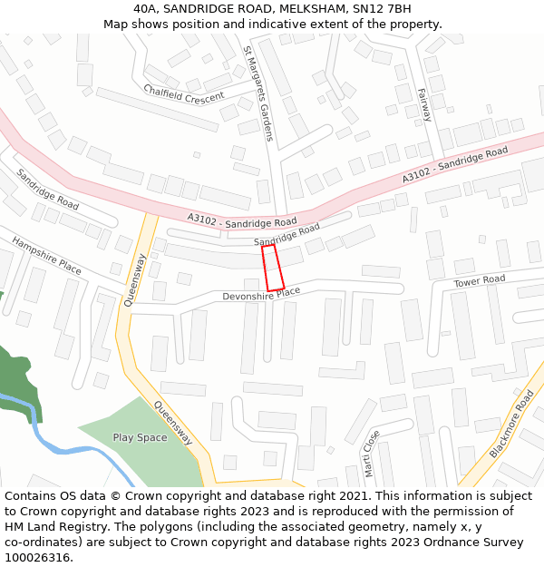 40A, SANDRIDGE ROAD, MELKSHAM, SN12 7BH: Location map and indicative extent of plot