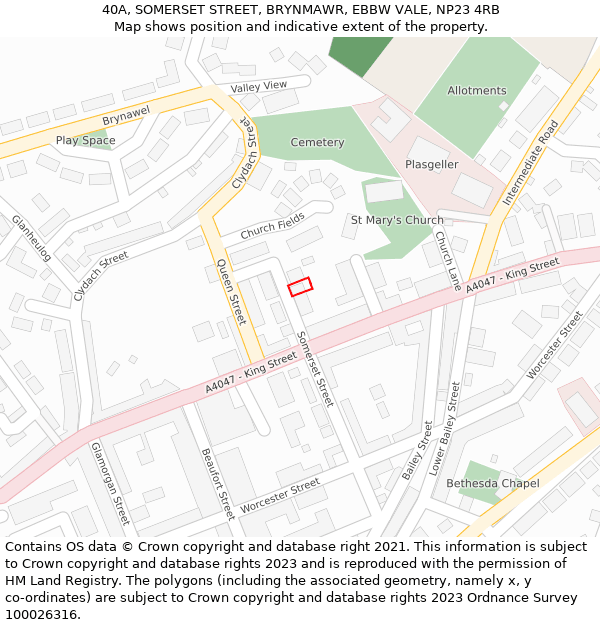 40A, SOMERSET STREET, BRYNMAWR, EBBW VALE, NP23 4RB: Location map and indicative extent of plot