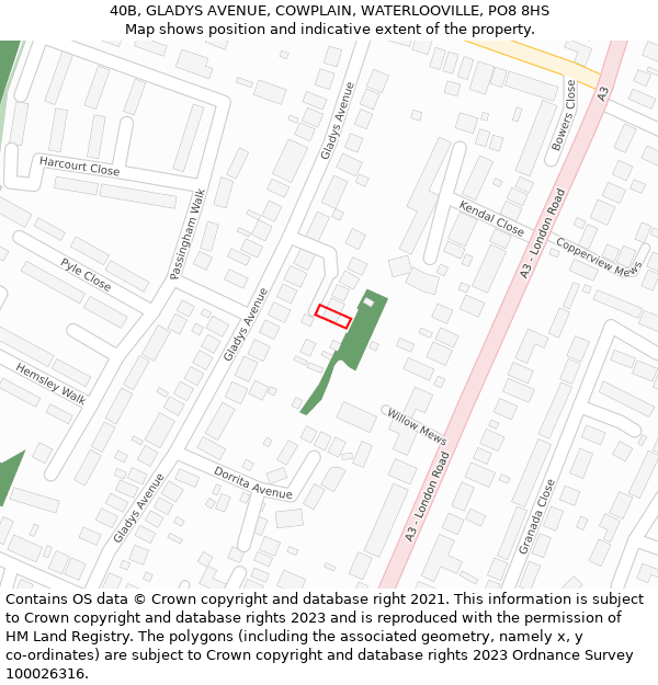 40B, GLADYS AVENUE, COWPLAIN, WATERLOOVILLE, PO8 8HS: Location map and indicative extent of plot