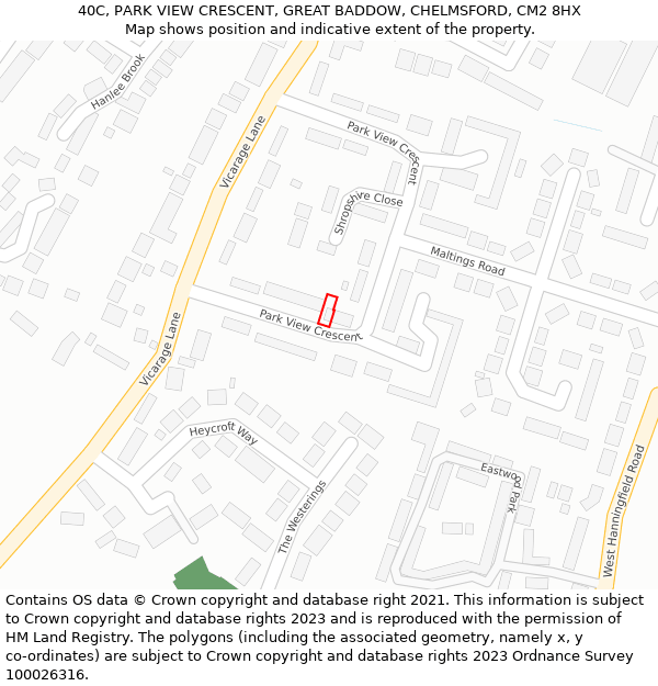 40C, PARK VIEW CRESCENT, GREAT BADDOW, CHELMSFORD, CM2 8HX: Location map and indicative extent of plot