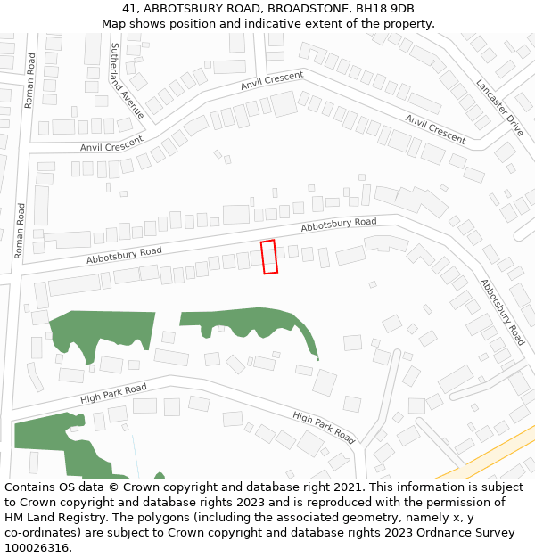 41, ABBOTSBURY ROAD, BROADSTONE, BH18 9DB: Location map and indicative extent of plot