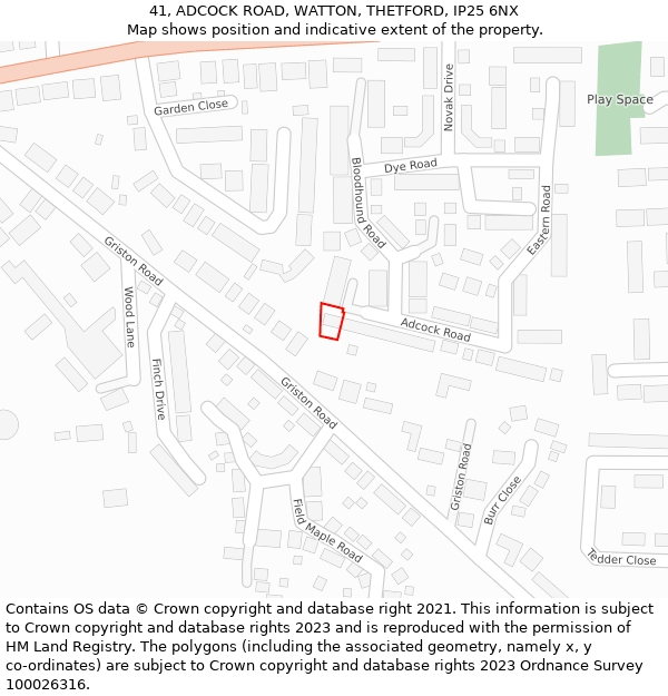 41, ADCOCK ROAD, WATTON, THETFORD, IP25 6NX: Location map and indicative extent of plot