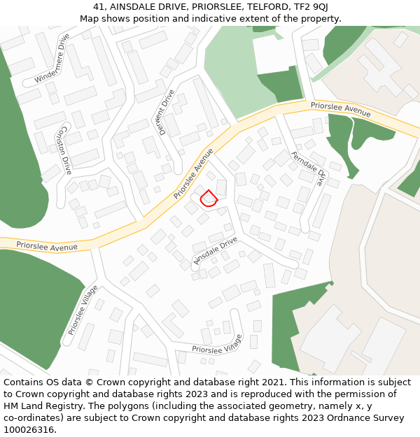 41, AINSDALE DRIVE, PRIORSLEE, TELFORD, TF2 9QJ: Location map and indicative extent of plot