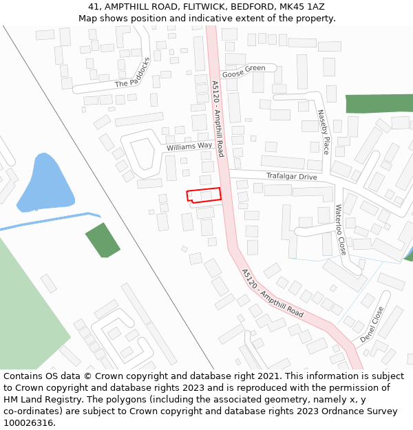 41, AMPTHILL ROAD, FLITWICK, BEDFORD, MK45 1AZ: Location map and indicative extent of plot