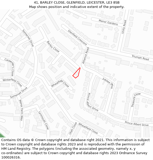 41, BARLEY CLOSE, GLENFIELD, LEICESTER, LE3 8SB: Location map and indicative extent of plot