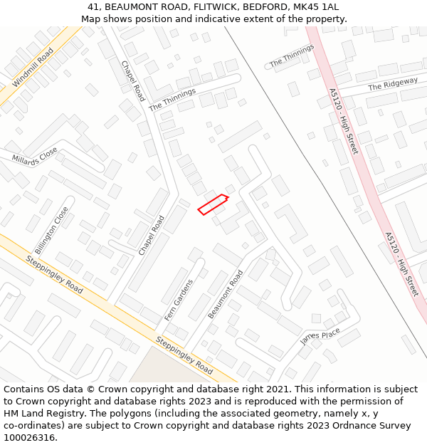 41, BEAUMONT ROAD, FLITWICK, BEDFORD, MK45 1AL: Location map and indicative extent of plot