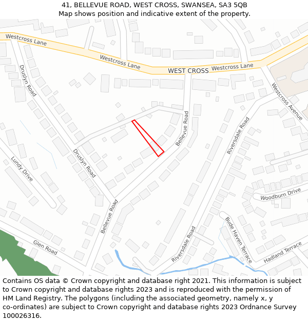 41, BELLEVUE ROAD, WEST CROSS, SWANSEA, SA3 5QB: Location map and indicative extent of plot