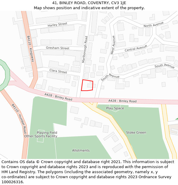 41, BINLEY ROAD, COVENTRY, CV3 1JE: Location map and indicative extent of plot