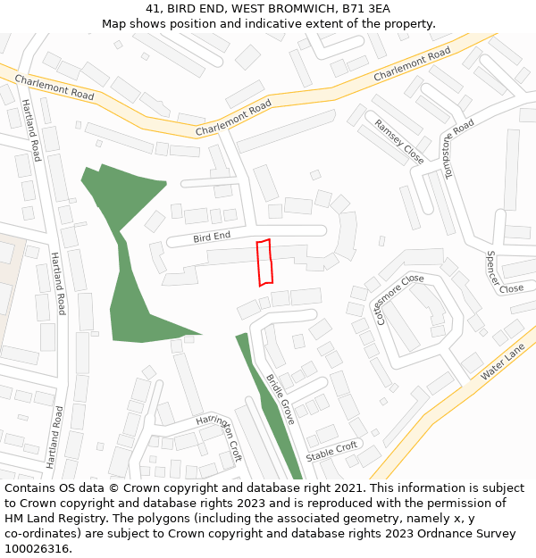 41, BIRD END, WEST BROMWICH, B71 3EA: Location map and indicative extent of plot