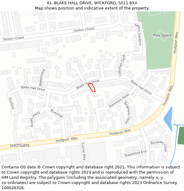 41, BLAKE HALL DRIVE, WICKFORD, SS11 8XA: Location map and indicative extent of plot