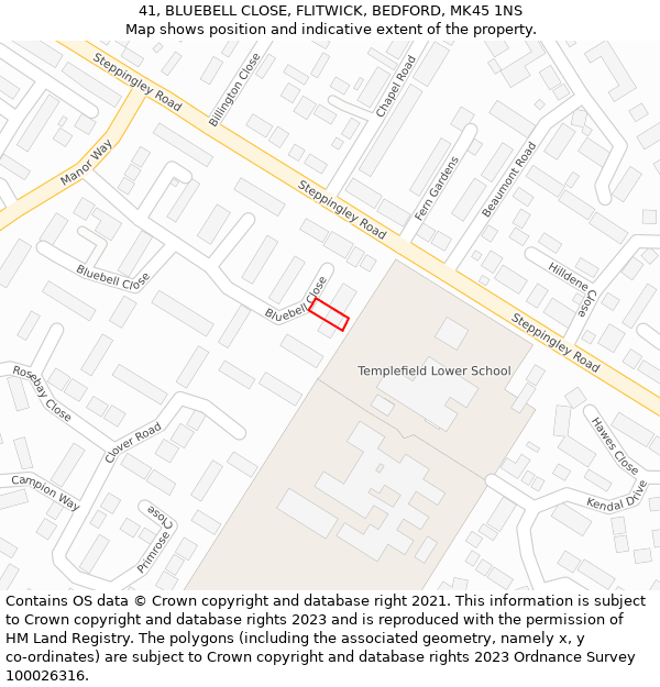 41, BLUEBELL CLOSE, FLITWICK, BEDFORD, MK45 1NS: Location map and indicative extent of plot