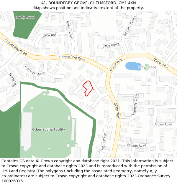 41, BOUNDERBY GROVE, CHELMSFORD, CM1 4XN: Location map and indicative extent of plot