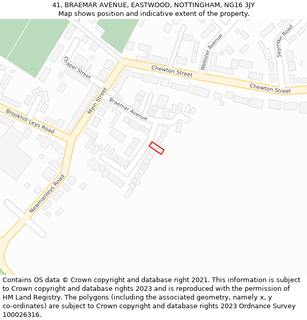 41, BRAEMAR AVENUE, EASTWOOD, NOTTINGHAM, NG16 3JY: Location map and indicative extent of plot