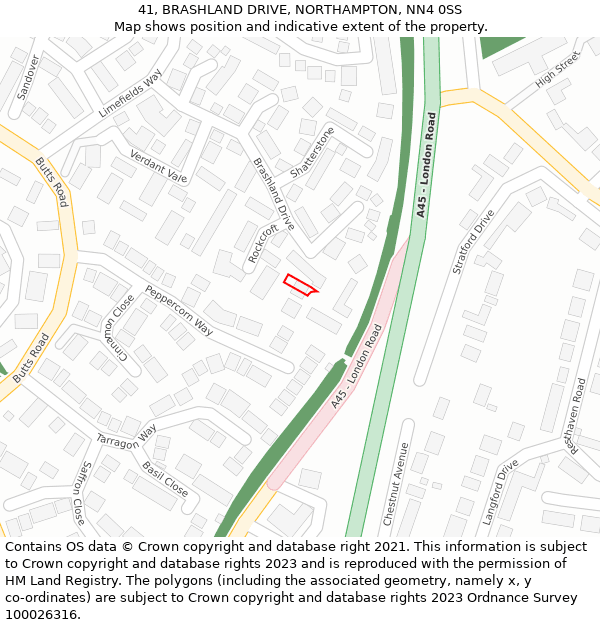 41, BRASHLAND DRIVE, NORTHAMPTON, NN4 0SS: Location map and indicative extent of plot