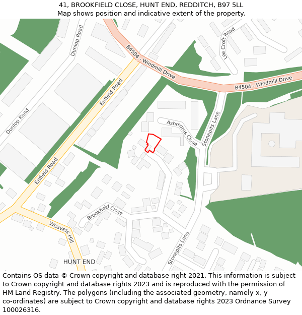 41, BROOKFIELD CLOSE, HUNT END, REDDITCH, B97 5LL: Location map and indicative extent of plot