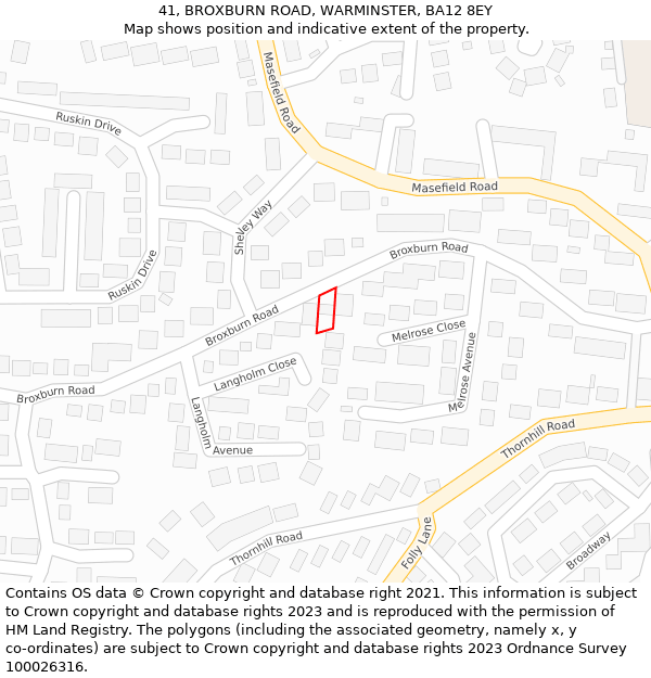 41, BROXBURN ROAD, WARMINSTER, BA12 8EY: Location map and indicative extent of plot