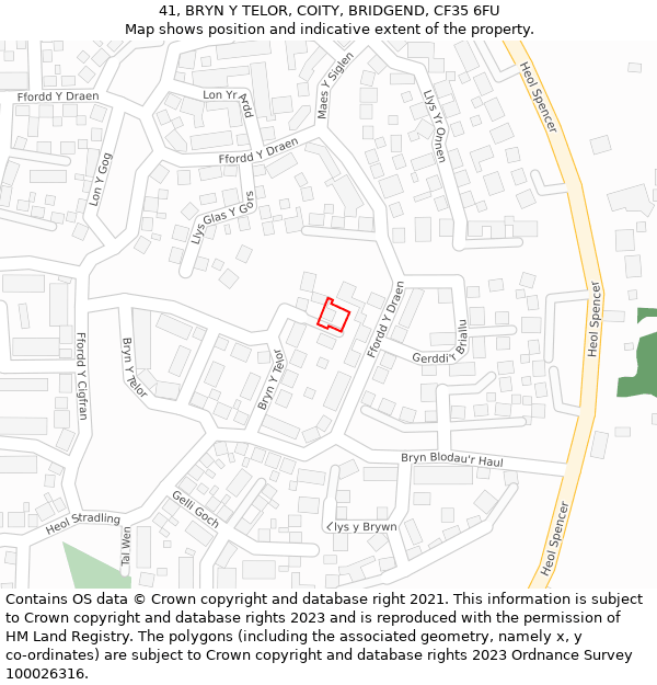 41, BRYN Y TELOR, COITY, BRIDGEND, CF35 6FU: Location map and indicative extent of plot