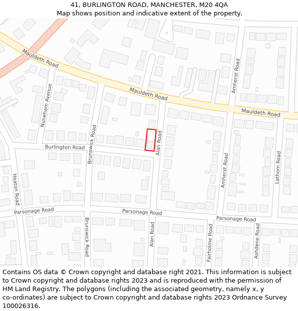 41, BURLINGTON ROAD, MANCHESTER, M20 4QA: Location map and indicative extent of plot