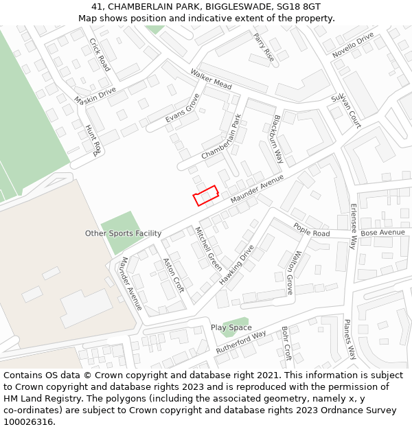 41, CHAMBERLAIN PARK, BIGGLESWADE, SG18 8GT: Location map and indicative extent of plot