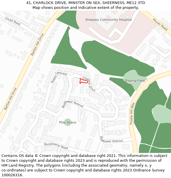 41, CHARLOCK DRIVE, MINSTER ON SEA, SHEERNESS, ME12 3TD: Location map and indicative extent of plot