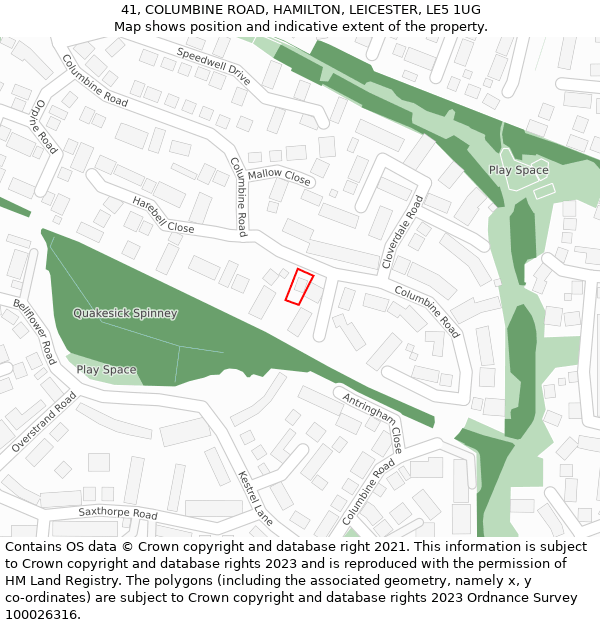 41, COLUMBINE ROAD, HAMILTON, LEICESTER, LE5 1UG: Location map and indicative extent of plot