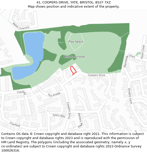 41, COOPERS DRIVE, YATE, BRISTOL, BS37 7XZ: Location map and indicative extent of plot