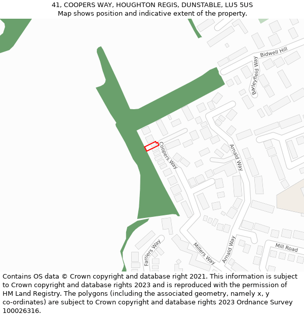 41, COOPERS WAY, HOUGHTON REGIS, DUNSTABLE, LU5 5US: Location map and indicative extent of plot