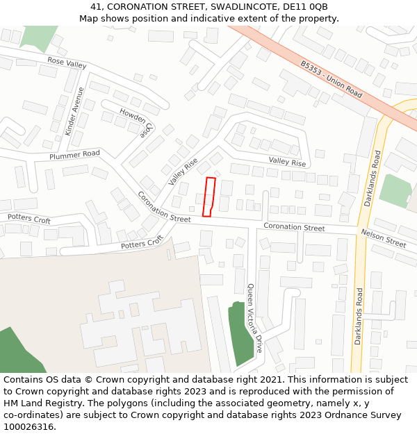 41, CORONATION STREET, SWADLINCOTE, DE11 0QB: Location map and indicative extent of plot