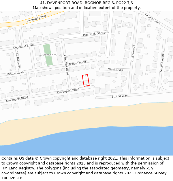 41, DAVENPORT ROAD, BOGNOR REGIS, PO22 7JS: Location map and indicative extent of plot