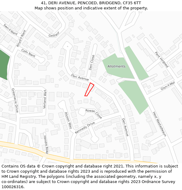 41, DERI AVENUE, PENCOED, BRIDGEND, CF35 6TT: Location map and indicative extent of plot